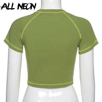 ALLNeon E-fată Fluture Grafic și de Imprimare Scrisoare Cusatura Verde Topuri de Cultură Y2K Vară Stil Grunge O-gat Maneci Scurte T-shirt