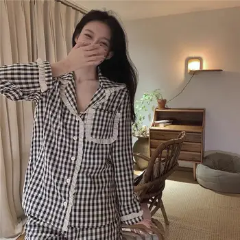 Pijama Seturi Pentru Femei Carouri Cu Maneci Lungi Rândul Său, În Jos Guler Vrac Casual Moale Respirabil Stil Coreean Sleepwear Simplu Dulce Studenți