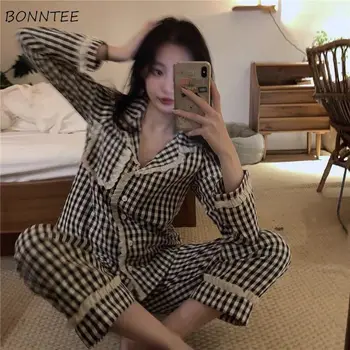 Pijama Seturi Pentru Femei Carouri Cu Maneci Lungi Rândul Său, În Jos Guler Vrac Casual Moale Respirabil Stil Coreean Sleepwear Simplu Dulce Studenți