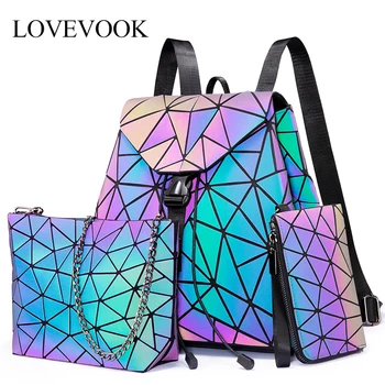 Lovevook femei rucsac geometrice luminos sac ghiozdan pentru fete adolescente geanta crossbody pentru femei 2020 set de sac de ambreiaj și pungă