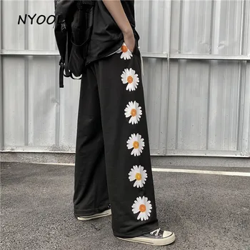 NYOOLO Casual streetwear Daisy Imprimare Vrac Largi Picior Pantaloni Casual, talie elastic lungime completă hip hop pantaloni femei bărbați