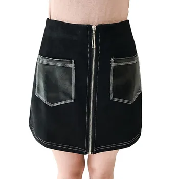 Noua Moda Fuste De Piele De Căprioară Femei 2018 Vara Saias Talie Mare Un Cuvânt Fusta Fermoar Oblic Mini-Fusta Eleganta Jupe Feminin Faldas