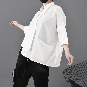 [MEM] Femei Asimetric Alb Dimensiuni Mari Bluza Noua Rever Maneca Trei sferturi Vrac se Potrivi Tricou de Moda Primavara Toamna anului 2021 1R59000