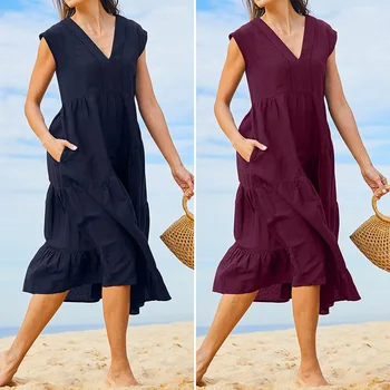 ZANZEA Femei fără Mâneci rochie de vară 2021 Moda de Vara Lady Neregulate Rochie Casual, din Bumbac Rezervor Rochii Largi Buzunare Vestidos