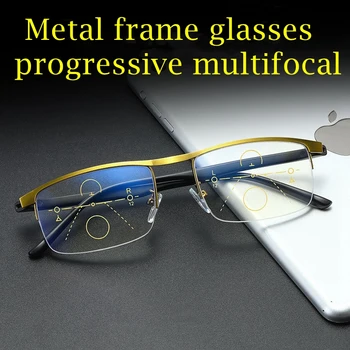 Multifocală Progresivă Ochelari De Citit Bărbați Jumătate Cadru De Metal Prezbiopie Ochelari Anti-Lumina Albastra Din Aliaj Ușor Pătrat Gafas