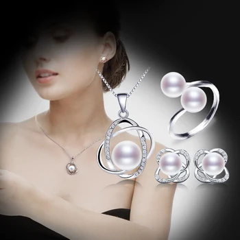 NIMFA Perla Seturi de Bijuterii Pentru Femei Naturale de apă Dulce Pearl Cercei Inele Colier Pandantiv Nou la Modă Cadou de Nunta Trandafir T303