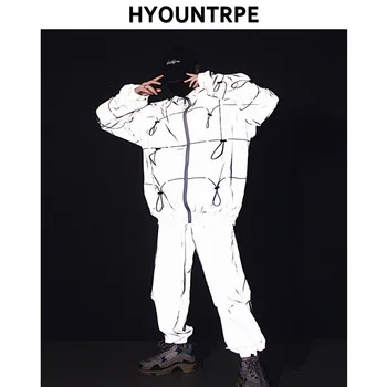 2 Bucati de Seturi de Moda pentru Bărbați Reflectorizante Plin Jachete cu Fermoar Si Elastic Talie Vrac se Potrivi Reflecta Pantaloni Hip Hop Nou Streetwear Set