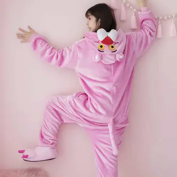 Amuzant Pantera Roz Kigurumi Animale Femei Pijamale Desene Animate Body-Uri Pentru Adulti Dintr-O Bucata Pijama Fleece Flanel Pijamale Pijama