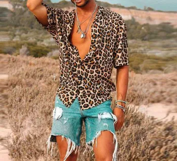 Noua Moda Barbati Maneca Scurta Leopard de Imprimare Tricouri de sex Masculin Vrac Sexy Casual de Vara Rândul său, în Jos Bluza Gât Topuri Plus Dimensiune S-3XL