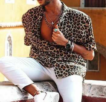 Noua Moda Barbati Maneca Scurta Leopard de Imprimare Tricouri de sex Masculin Vrac Sexy Casual de Vara Rândul său, în Jos Bluza Gât Topuri Plus Dimensiune S-3XL
