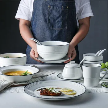 Alb Filet Farfurie de Ceramică de Bucătărie Farfurie, Tacamuri Set de Feluri de Mâncare de Orez Salata de Fidea Castron de Supă 1 buc