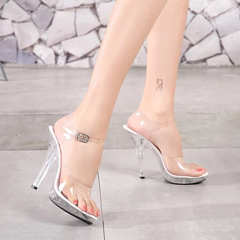2019 PVC Femei Papuci de Moda Sexy cu Toc 12CM Femei Sandale Clar Tocuri Deget de la picior Deschis Catâri Transparent de sex Feminin Pantofi de Partid