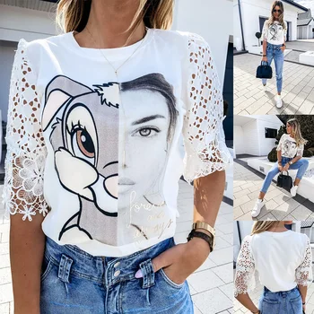 Moda Rotund Gat Alb Topuri Largi pentru Femei de Vară 2020 Casual Femei T-shirt Caracteristici Cusaturi Iepure Decupaj Dantela Maneca Tricou
