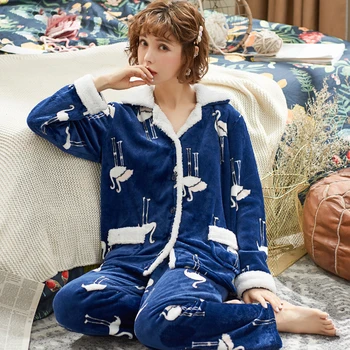 Toamna Iarna Flanel Cald Femei Pijamale Seturi Cald Gros De Catifea Rândul Său, În Jos Guler Sleepwear Set De Pijama Homewear Cămășuță De Noapte