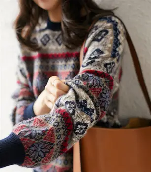 Toamna iarna noi femei rotund o-gât pulover de cașmir jacquard îngroșat stil leneș benzi tricotate pulover Lantern maneca topuri