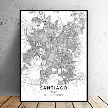 Alb și negru Santiago de Chile Latitudine Longitudine Panza de Artă Harta Poster