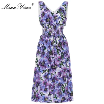 MoaaYina Designer de Moda de sex Feminin rochie de Vara Rochie de Femei V-neck Trandafir Albastru Floral-Print Rochii de Bumbac