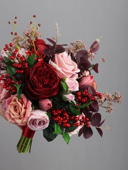 JaneVini 2020 Romantic Roz Buchet De Nunta De Mătase Artificială Visiniu Trandafiri Buchet De Mireasa Flori Hortensie Accesorii De Nunta