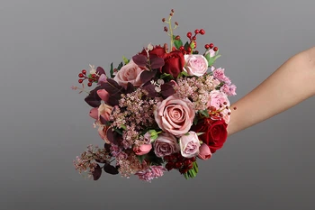 JaneVini 2020 Romantic Roz Buchet De Nunta De Mătase Artificială Visiniu Trandafiri Buchet De Mireasa Flori Hortensie Accesorii De Nunta