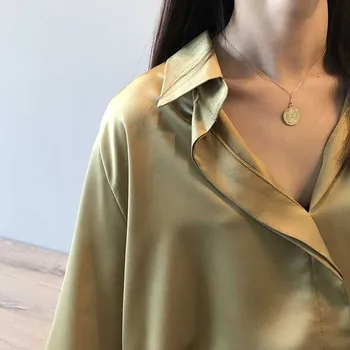 DIOROBBEN 2020 Noua Moda pentru Femei Mâneci Lungi din Satin de Epocă topuri Elegante V-Neck Imitație de Mătase Bluza Office lady Workwear shirt