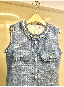 Cele mai noi Moda 2019 Pista de Designer Albastru Tweed Rochie fără Mâneci Femeile Perle, ștrasuri din Mărgele Nasturi Buzunar Franjuri Canaf Rochie de Rezervor