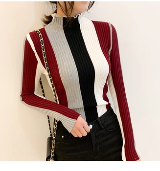 2019 Toamna Anului Nou Neregulate Guler Contrast De Culoare Tricot Pulover Coreea Style Moda Maneca Lunga Slim Stripe Pullover 4 Culori