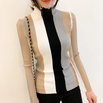 2019 Toamna Anului Nou Neregulate Guler Contrast De Culoare Tricot Pulover Coreea Style Moda Maneca Lunga Slim Stripe Pullover 4 Culori