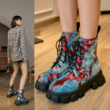Femei Dantelă-Up Culori Amestecate Indesata Glezna Cizme Platforma Scurt De Pluș Personalitate Cald Iarna Moda Toc Pătrat Mare Sus Pantofi