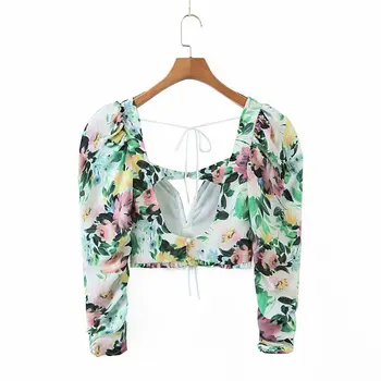 Noua moda femei florale imprimare bluza tricou sexy backless v gatului maneca lunga crop top vacanta de vara topuri șifon blusas