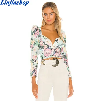 Noua moda femei florale imprimare bluza tricou sexy backless v gatului maneca lunga crop top vacanta de vara topuri șifon blusas