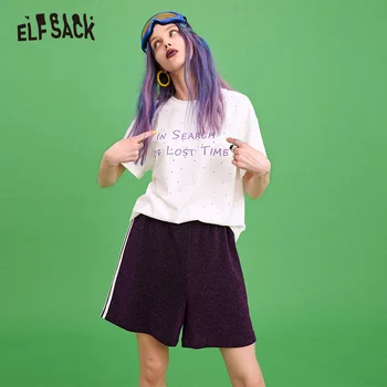 ELFSACK Sclipici Casual Femei Set Scrisoare Broderie Alb Femei Tee & Violet pantaloni Scurți Largi 2019 Vară de Moda de sex Feminin se Potriveste