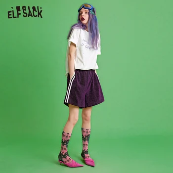 ELFSACK Sclipici Casual Femei Set Scrisoare Broderie Alb Femei Tee & Violet pantaloni Scurți Largi 2019 Vară de Moda de sex Feminin se Potriveste