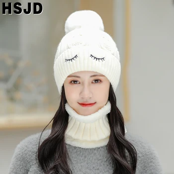 Fată amuzant de Iarnă Tricotate Pălării Drăguț cu Ochii Geană Knit Beanie Hat pentru Femei Pălării de Iarnă Caldă Chelioși Căciuli Capace Eșarfă 2 Buc Set