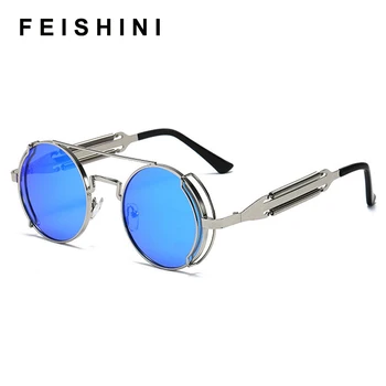 FEISHIN 2021 Metal Steampunk ochelari de Soare Femei Rotund Retro Moda Oglindă Ochelari de Designer de Brand Cadru de Epocă ochelari de Soare Barbati Red