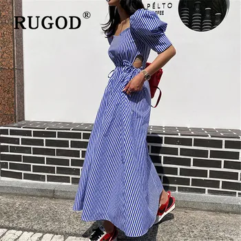 Femeile din coreea de Vara din Bumbac Albastru cu Dungi Bandaj Split Rochie Lunga de sex Feminin Lunga Bodycon Plus Dimensiune Rochii Lungi Haine pentru Femei