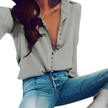 KANCOOLD Tricou nou de înaltă calitate de moda Solid Rever Mâneci Lungi T-Shirt Butonul de Turn-down Guler T-shirt femei 2019