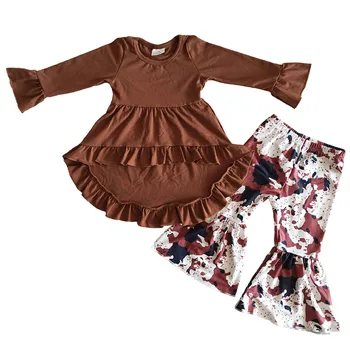Pe De Vânzare Pentru Copii Fete Elegante Toamna-Iarna Cloting Maneca Lunga Culoare Solidă Tunică Maro De Sus Cu Talangă Pantaloni De Costum Boutique