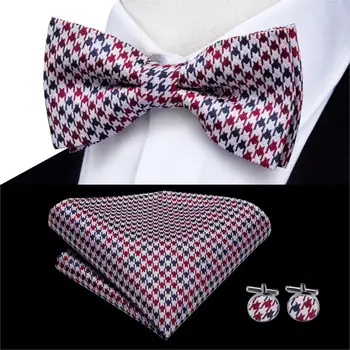 Hi-Cravata Matase Adult Bărbați Suspensor Set din Piele Metal 6 Clipuri Bretele Nunta Vintage Carouri Roșii Suspensor Papion Set Barbati