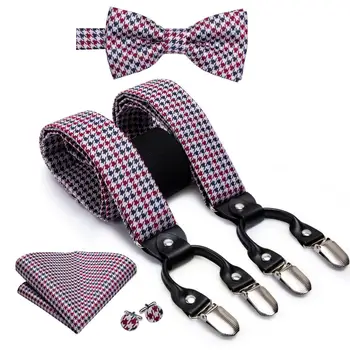 Hi-Cravata Matase Adult Bărbați Suspensor Set din Piele Metal 6 Clipuri Bretele Nunta Vintage Carouri Roșii Suspensor Papion Set Barbati