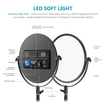 Neewer Metal 10.6 inch Rotund Bi-Color LED-uri Lumina Video，30W 3200-5600K CRI95+ LCD Display Estompat Studio Marginea Flapjack Lumina