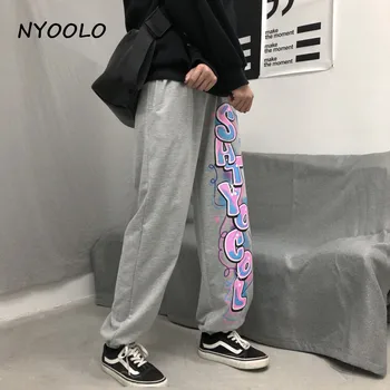 NYOOLO Epocă streetwear Graffiti Trase de Mână Scrisori de imprimare Hip Hop jogger pants femei barbati Casual, talie elastic Pantaloni negri