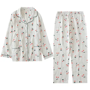 Bumbac pentru Femei Seturi de Pijamale pentru Femei Haine de Acasă 2020 Toamna Iarna Pijamale Print cu Maneci Lungi Guler de Turn-down Sleepwear Costum