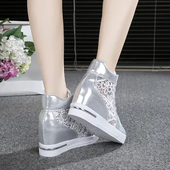 Doamnelor Pantofi înălțimea creșterea pantofi femeie platforma Adidasi vulcanizat pantofi Dantelă albă de argint pantofi casual 2020