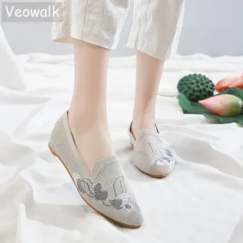Veowalk Femei Brodat din Tricot de Bumbac Tesatura Plat Pantofi de Vară a Subliniat Toe Alunecare Pe Pantofi pentru Femei Balerini Confortabile