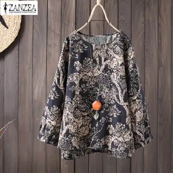 ZANZEA 2021 Plus Dimensiune Tunica Topuri Femei Vintage Print Bluza Femei cu Maneci Lungi Tricou Elegant Casual Munca de Partid, Blusas 5XL
