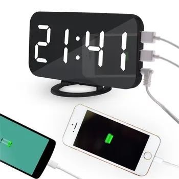 Design Modern, Digital, Alarma Snooze Ceas de Birou Cu Telefon Reîncărcare Porturi USB LED Oglinda Birou Destop Ceasuri de Masă, Ceas Dormitor