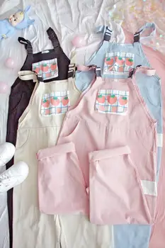 Toamna Femeile Japoneze Sora Moale Dulce Generală Pantaloni Carouri Imprimare De Capsuni Buzunar Vrac Casual Suspensor Pantaloni Mori Fata