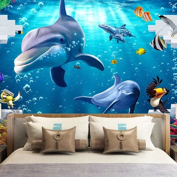 Albastru personalizat Lume Subacvatică Delfin, Rechin, Pește Coral 3D Foto Tapet Pentru camere Copii Dormitor, Cameră de zi cu TV de Fundal de Decor