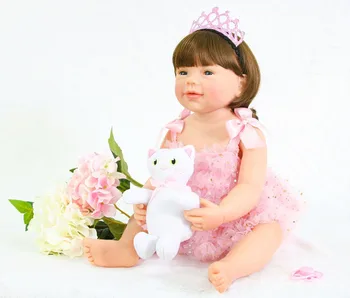 55cm Plin de Silicon Renăscut Păpușă Jucărie Pentru Fete Boneca de Vinil Prințesa Nou-Născuți Cu Pisica Moda Cadou de Ziua Jucarie Baie
