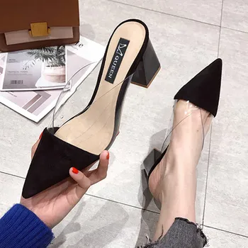 A Subliniat Toe Piele De Căprioară Toc Pătrat Tocuri Inalte Muller Papuci Femei 2020 Pantofi De Vara Pentru Femei De Moda Mozaic Superficial Doamnelor Pantofi